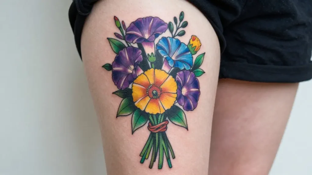 Colorful September Birth Flower Bouquet Tattoo