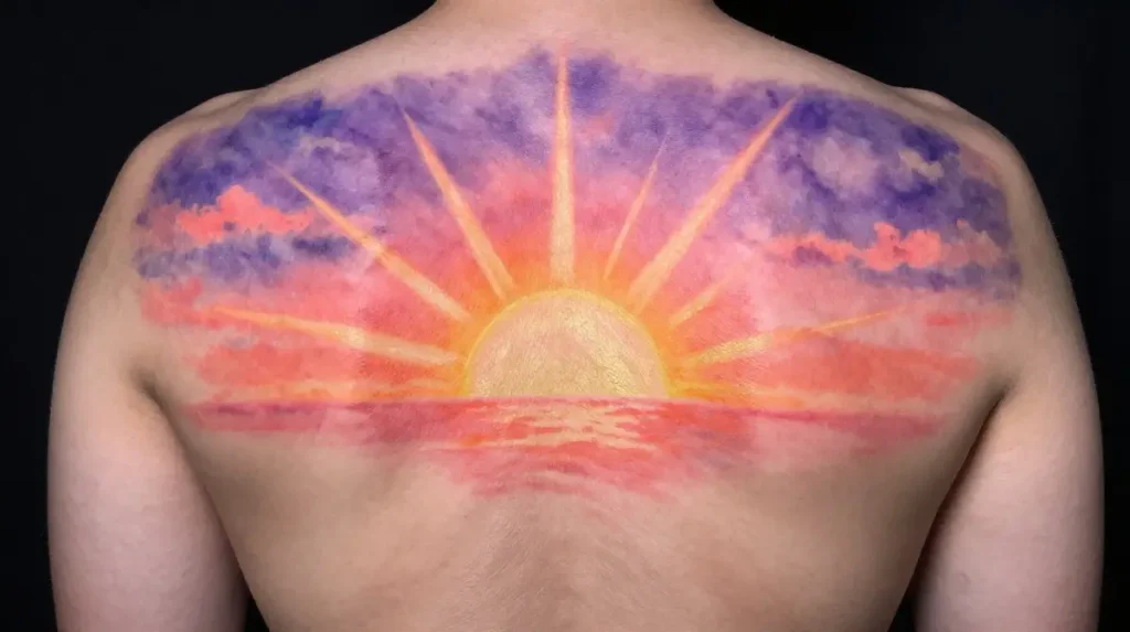 Colorful Sunrise Sky Tattoo on the Upper Back