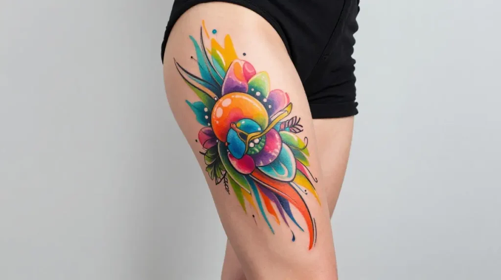 Colorful Thigh Tattoo