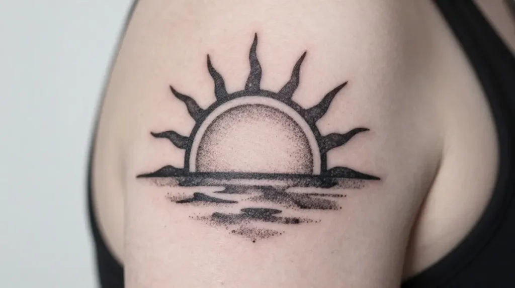 Dotwork Sunrise Tattoo on the Upper Arm