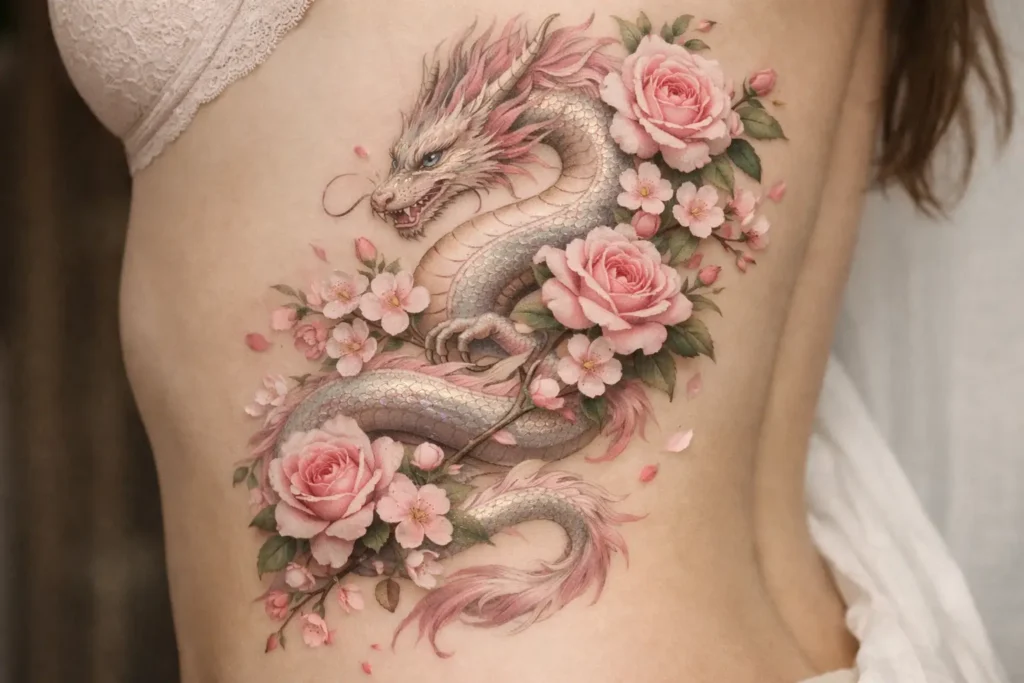 Feminine Floral Dragon Tattoo