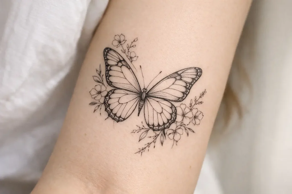 Fine Line Butterfly with Floral Elements
