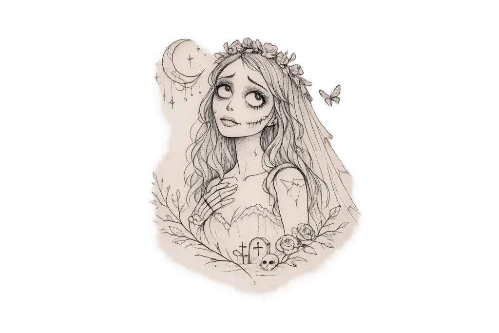 Fine Line Elegant Corpse Bride Tattoo