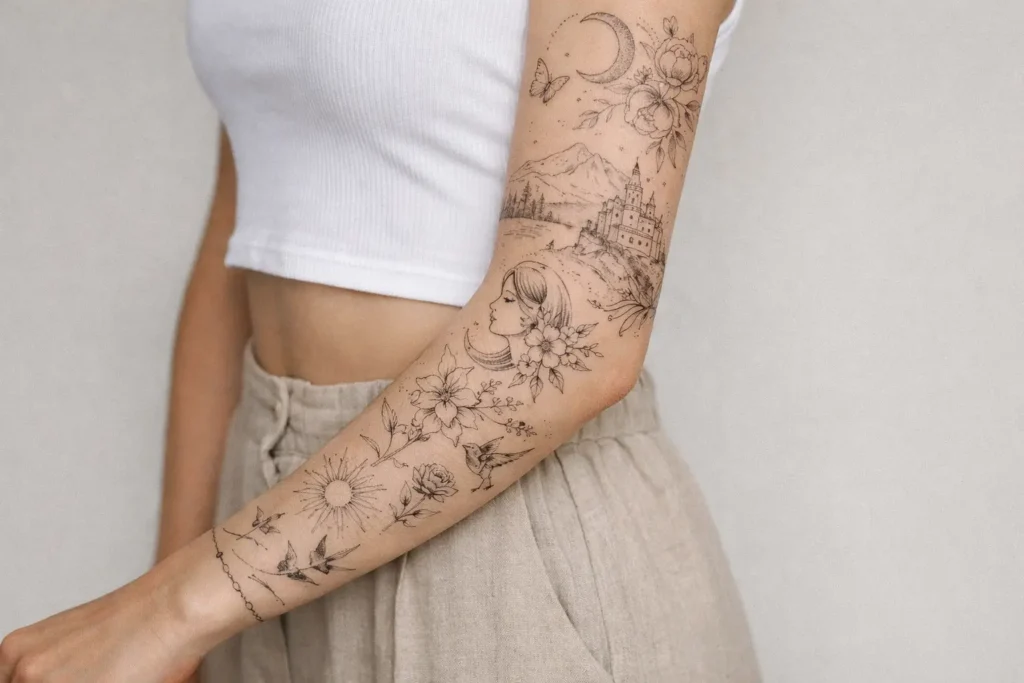 Fine Line Elegant Sleeve Tattoo