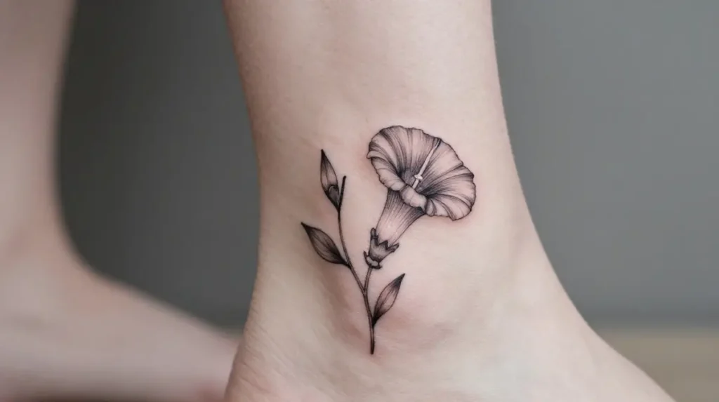Fine Line Morning Glory Ankle Tattoo