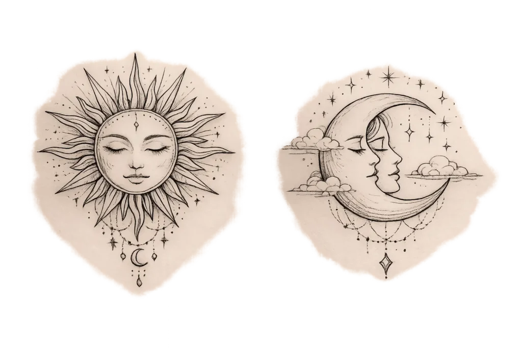 Fine Line Sun and Moon Tattoos