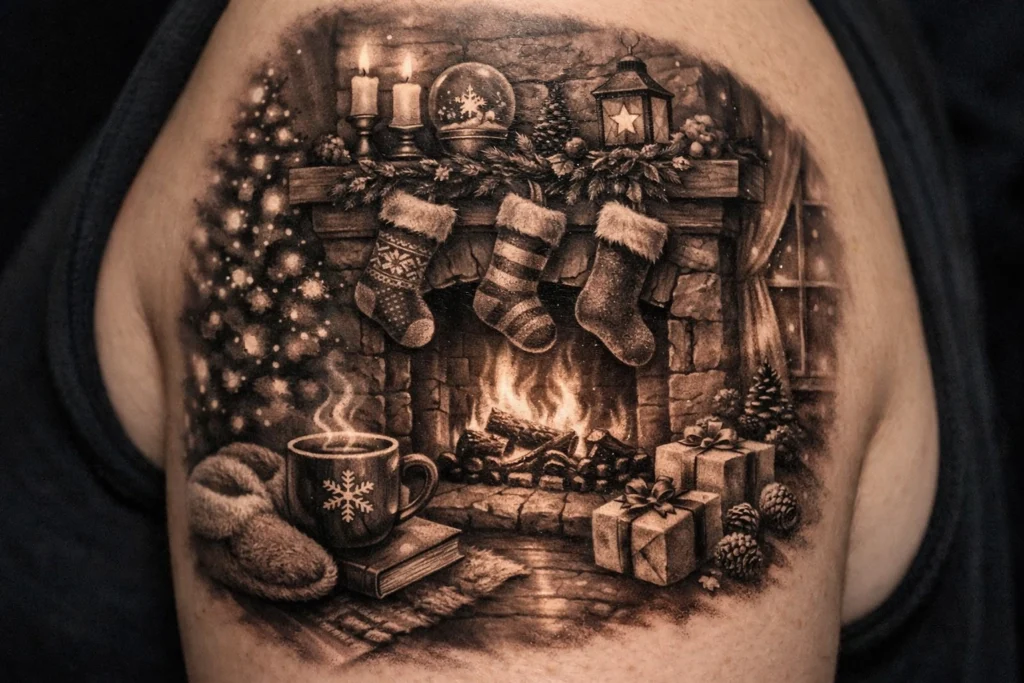 Fireplace and Cozy Scene Tattoo