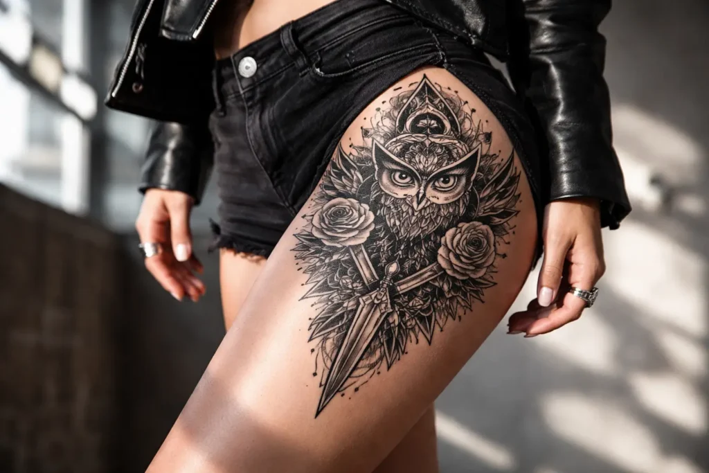 Front Thigh Tattoo Placement Statement Style