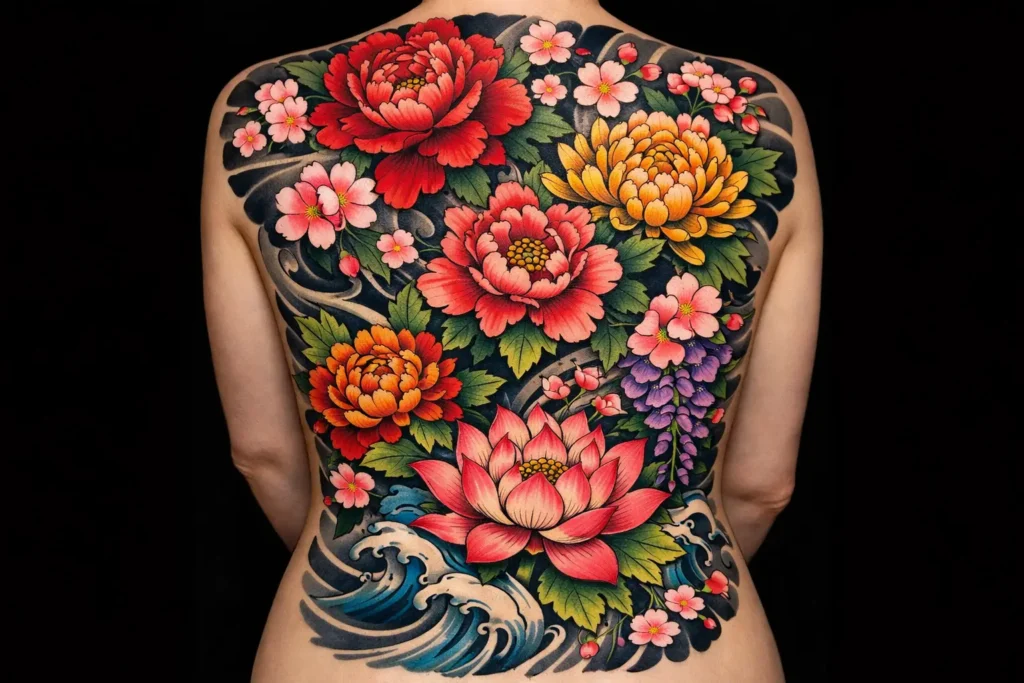 Japanese Flower Back Tattoo