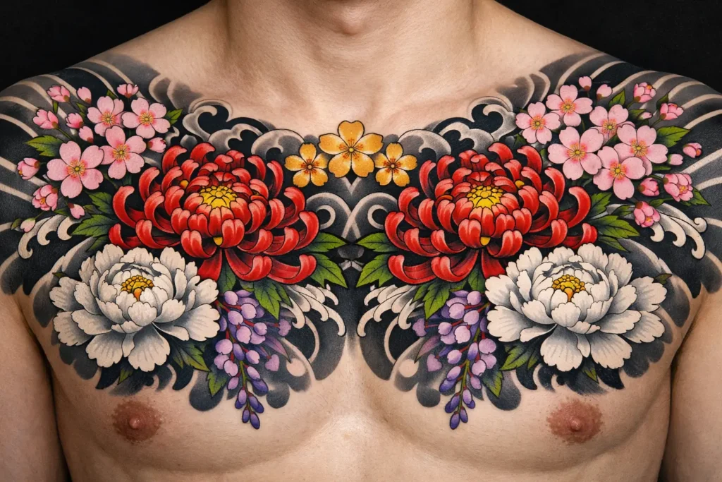 Japanese Flower Chest Tattoo