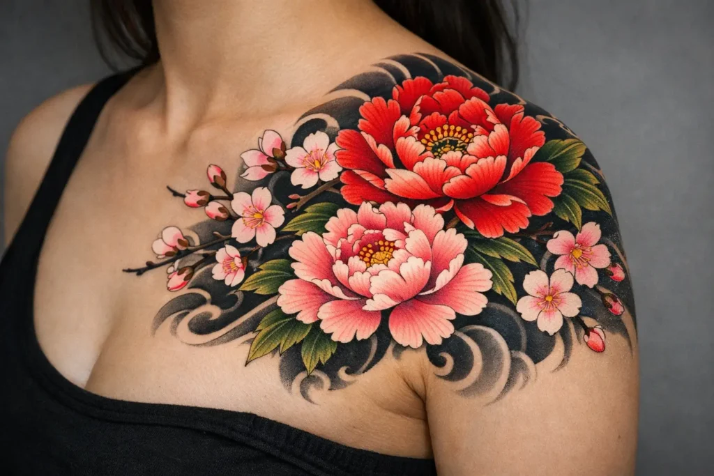 Japanese Flower Shoulder Tattoo