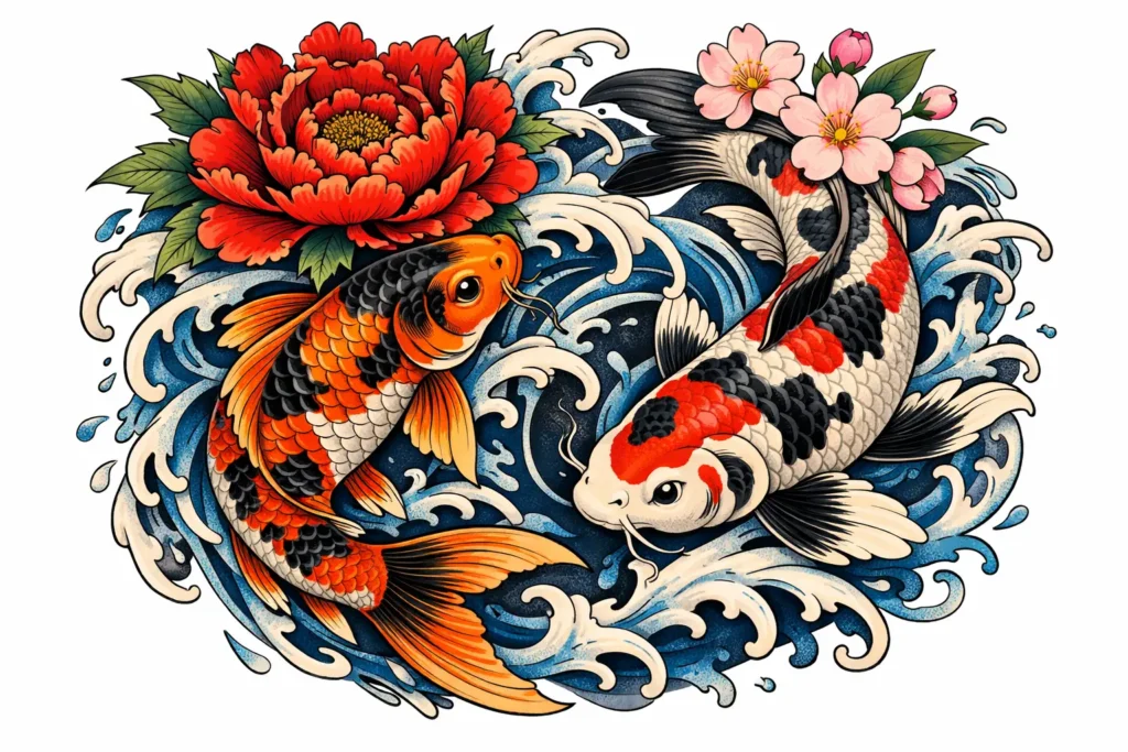 Japanese Flower with Koi Fish