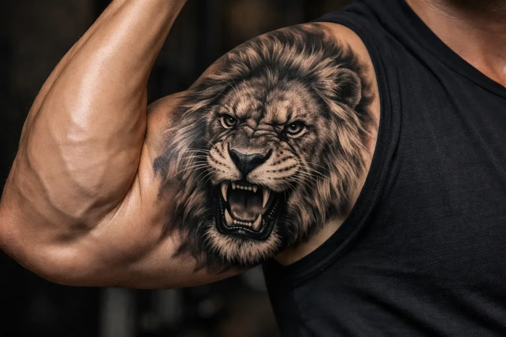 Lion Head Bicep Tattoo