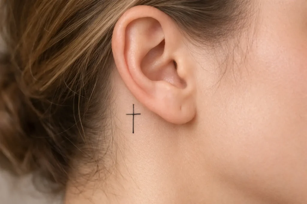 Minimalist Cross Tattoo Behind the Ear