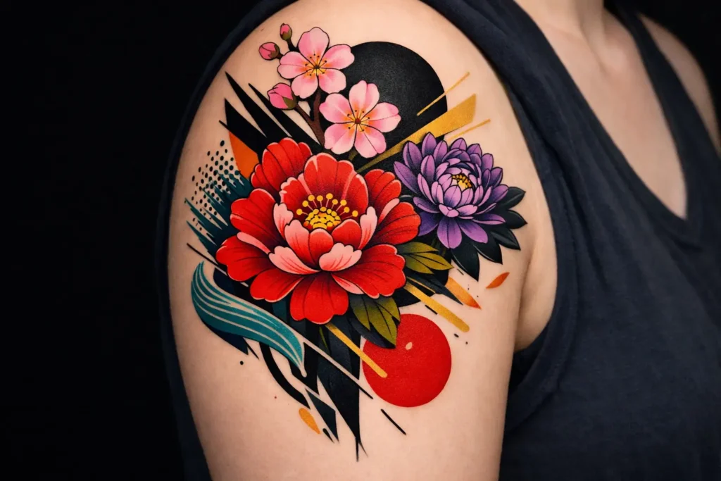 Modern Fusion Japanese Flower Tattoo