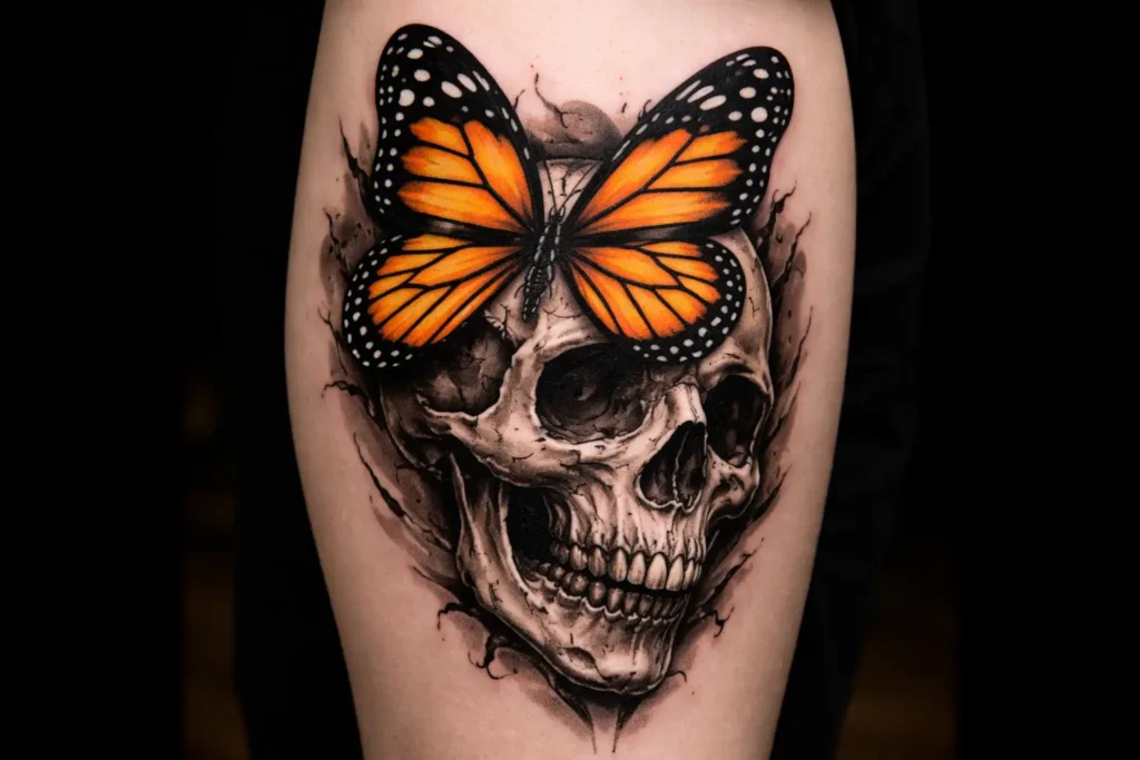 Monarch Butterfly and Skull Tattoo