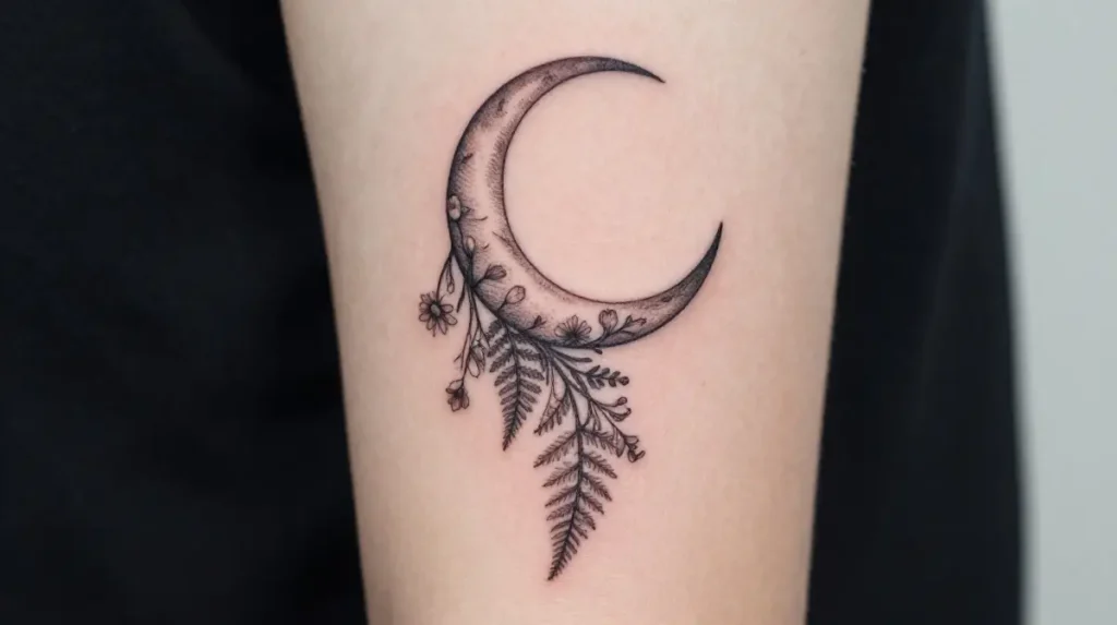 Moon and Botanical Tattoo