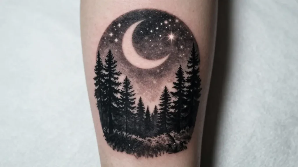 Night Sky and Forest Scene Tattoo