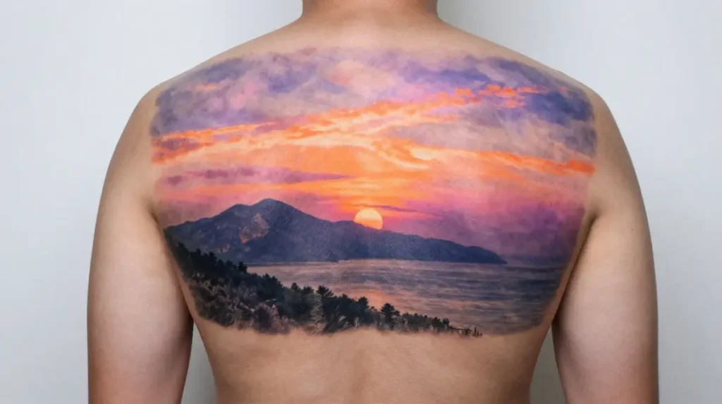 Realistic Sunrise Landscape Tattoo on the Back