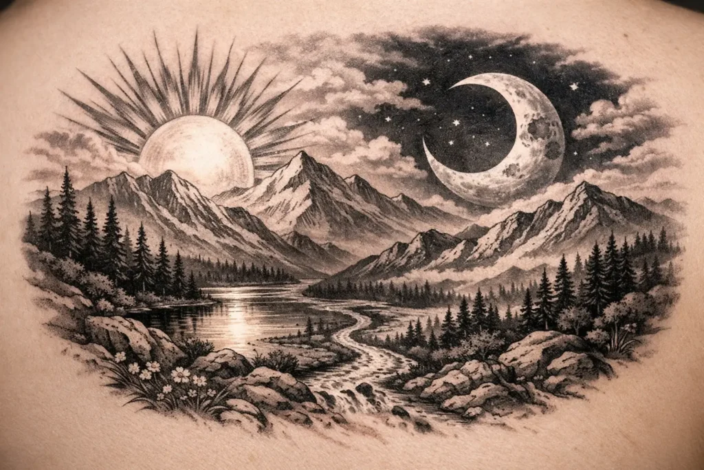 Sun and Moon Behind Mountains