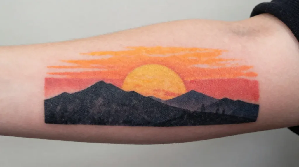 Sunrise Over Mountain Silhouette Tattoo
