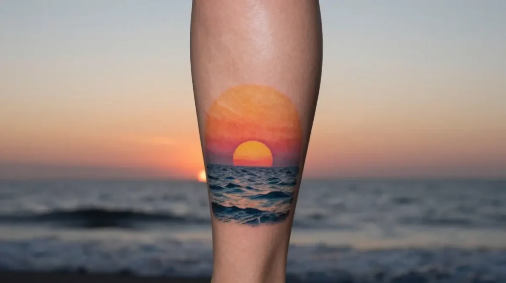 Sunrise Over Ocean Tattoo on the Calf