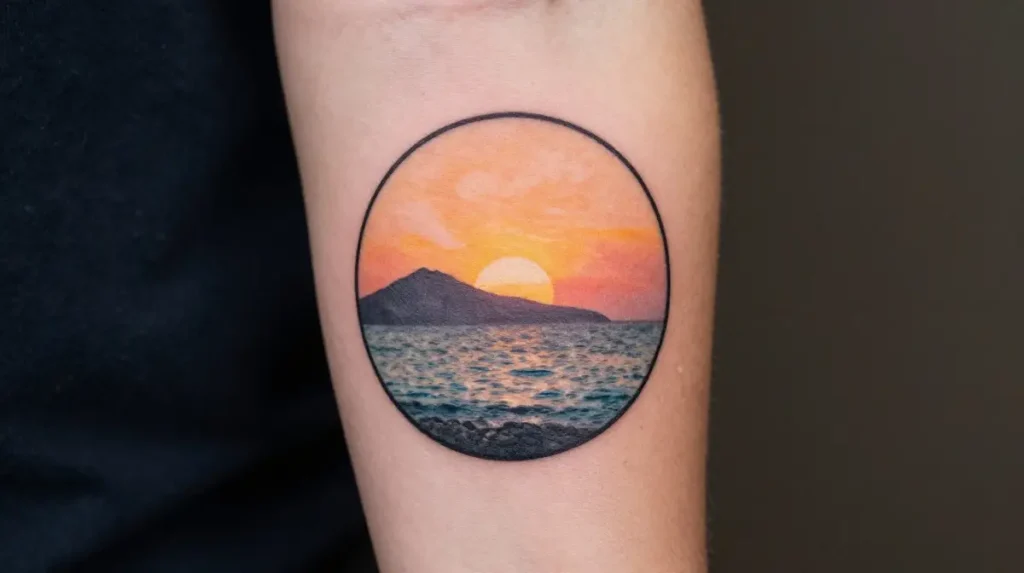 Sunrise in a Circle Frame Tattoo on the Arm