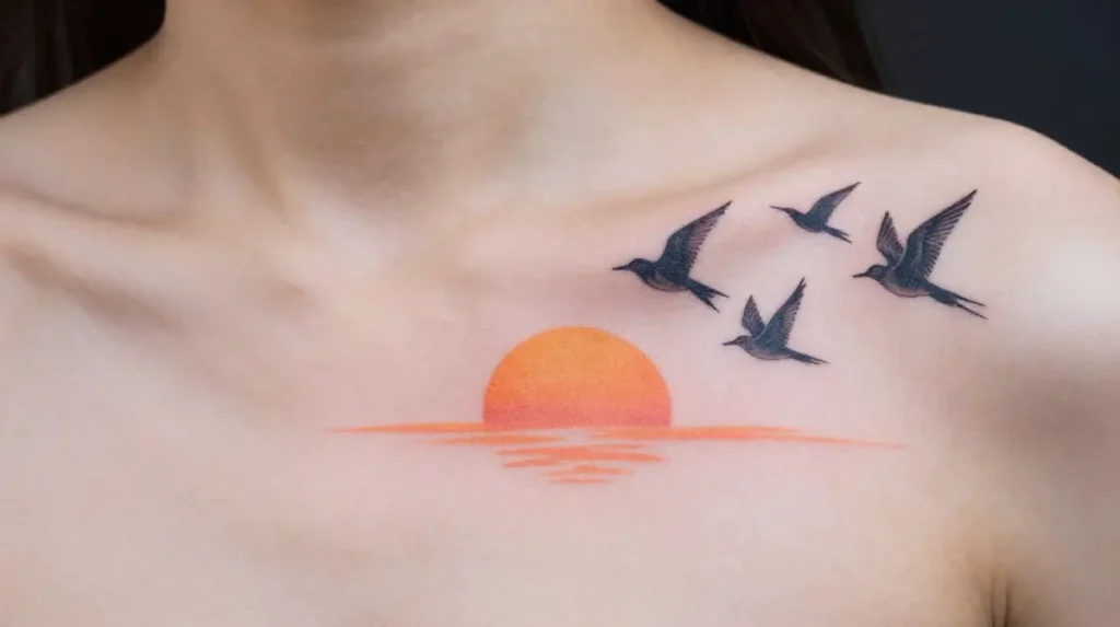 Sunrise with Birds Tattoo on the Collarbone