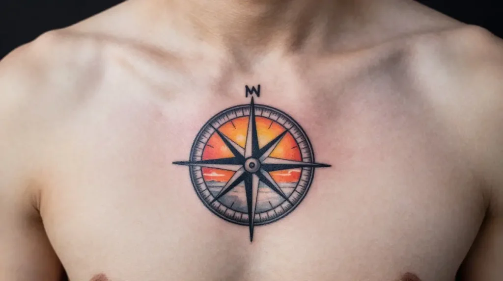 Sunrise with Compass Tattoo on the Chest