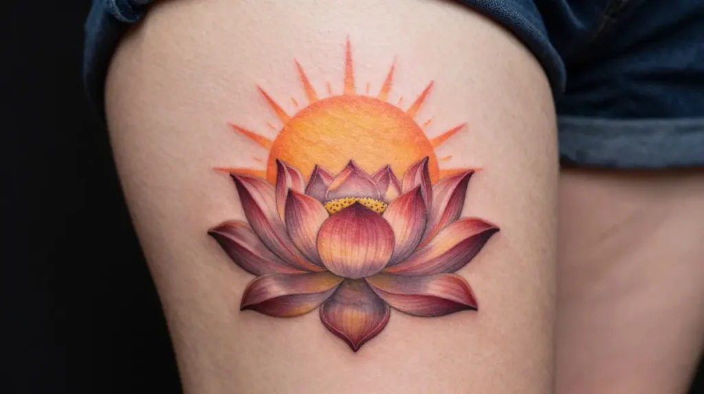 Sunrise with Lotus Flower Tattoo on the Thigh