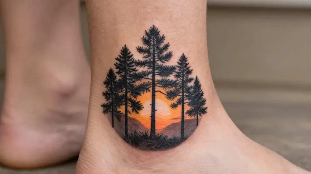 Sunrise with Pine Trees Tattoo on the Ankle