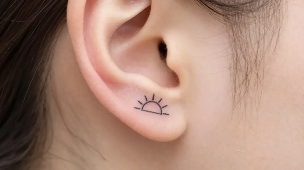Tiny Sunrise Tattoo Behind the Ear
