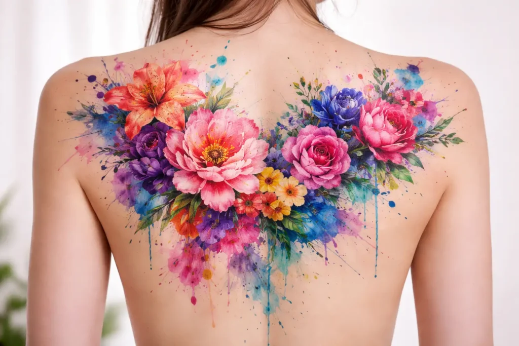 Watercolor Floral Back Tattoo