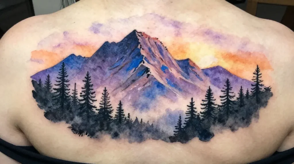 Watercolor Mountain Scene Tattoo