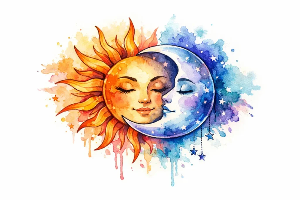 Watercolor Sun and Moon Tattoo