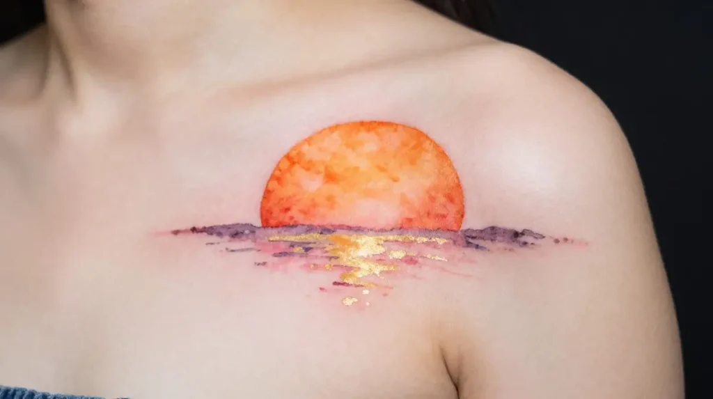 Watercolor Sunrise Tattoo on the Shoulder