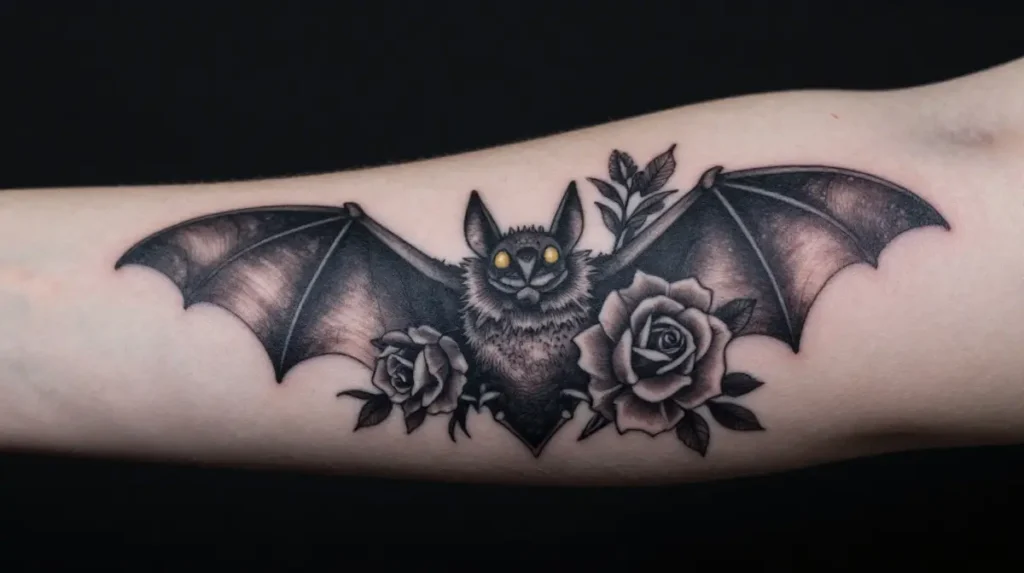 Bat Tattoo with Flowers