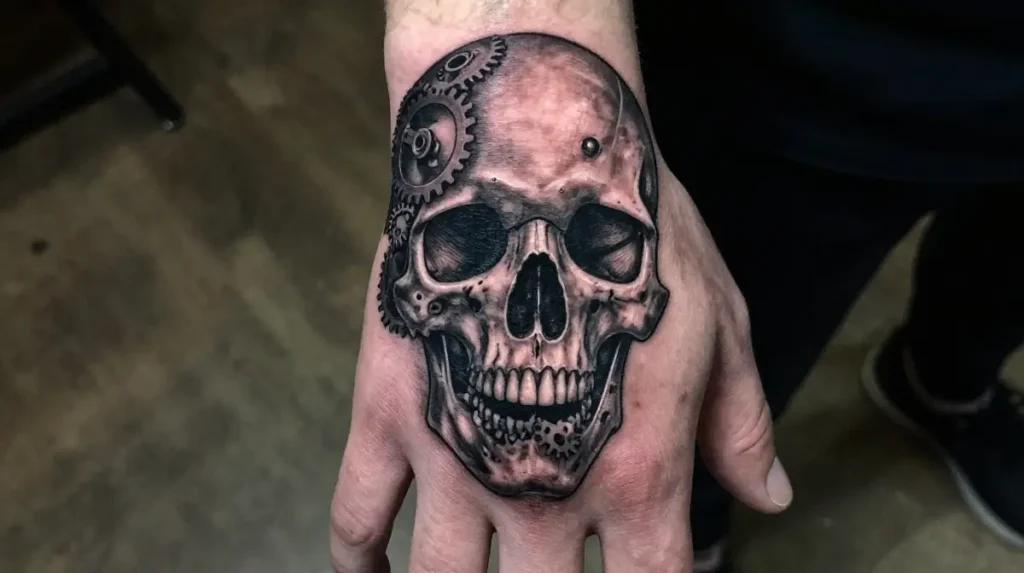 Biomechanical Skull Hand Tattoo