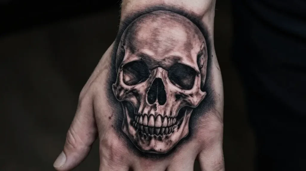 Black and Grey Skull Hand Tattoo