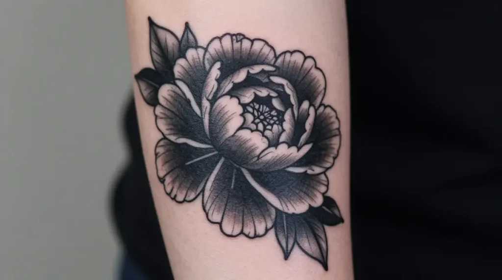 Blackwork Peony Tattoo