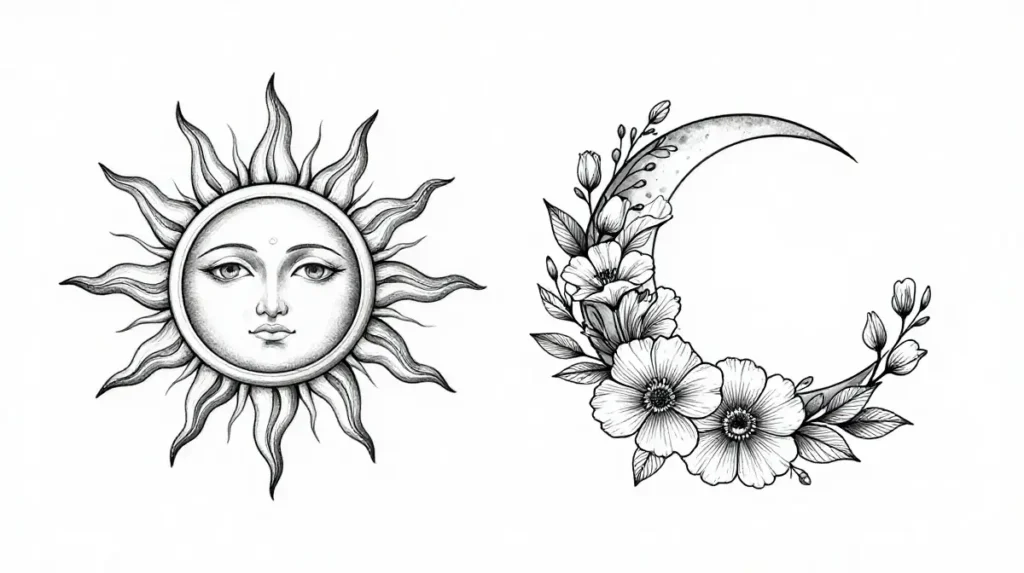 Blackwork Sun and Moon Tattoo