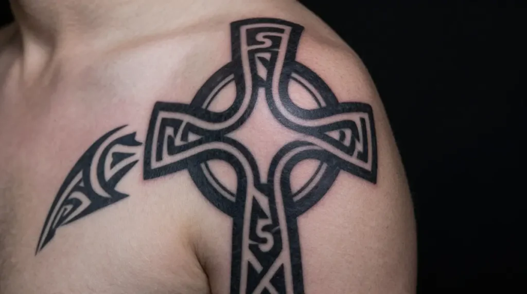 Celtic Cross Tattoo with Tribal Pattern