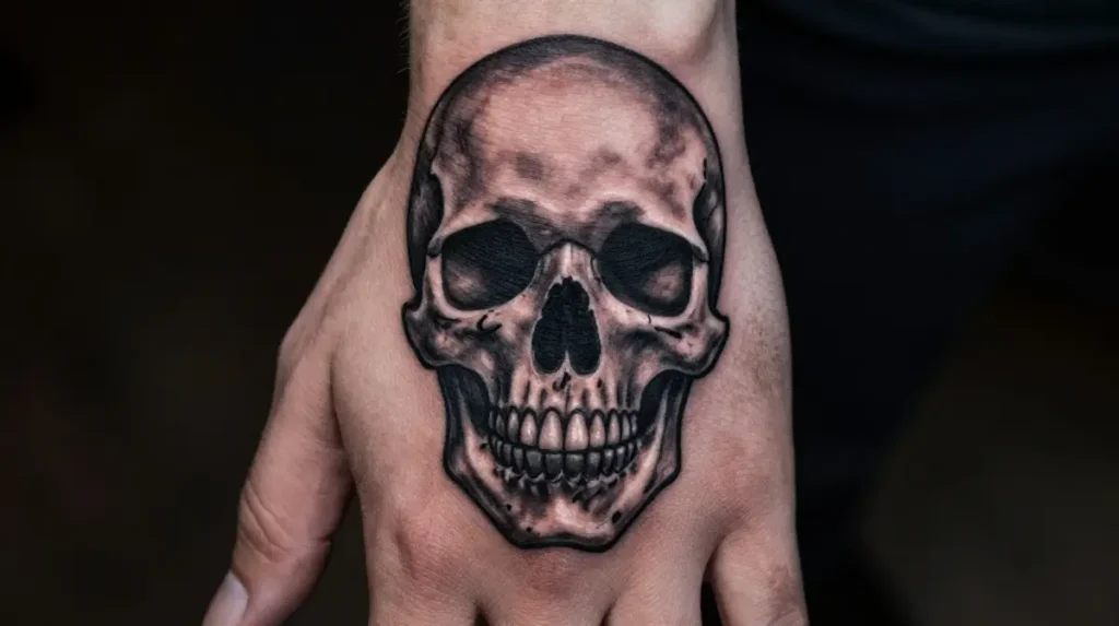 Classic Black and Grey Skull Hand Tattoo