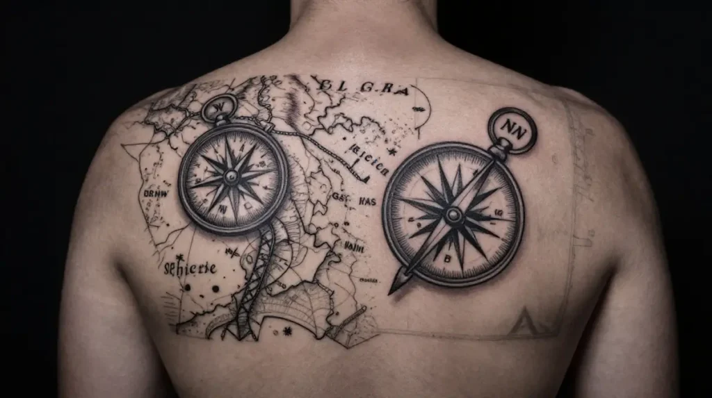 Compass and Map Back Tattoo