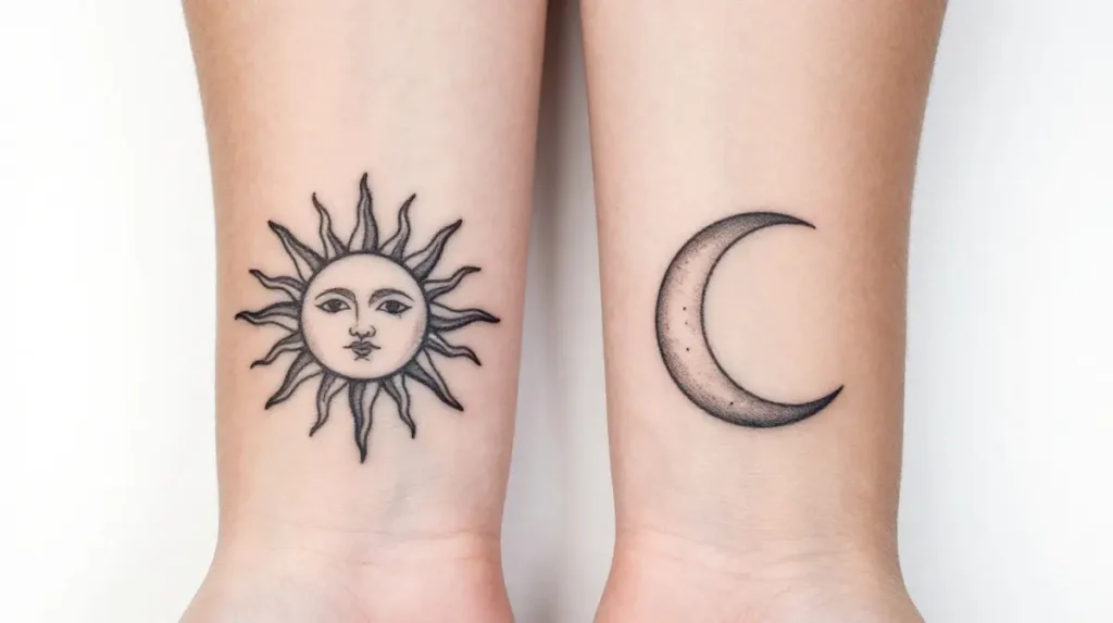 Complementary Sun and Moon Sister Tattoos