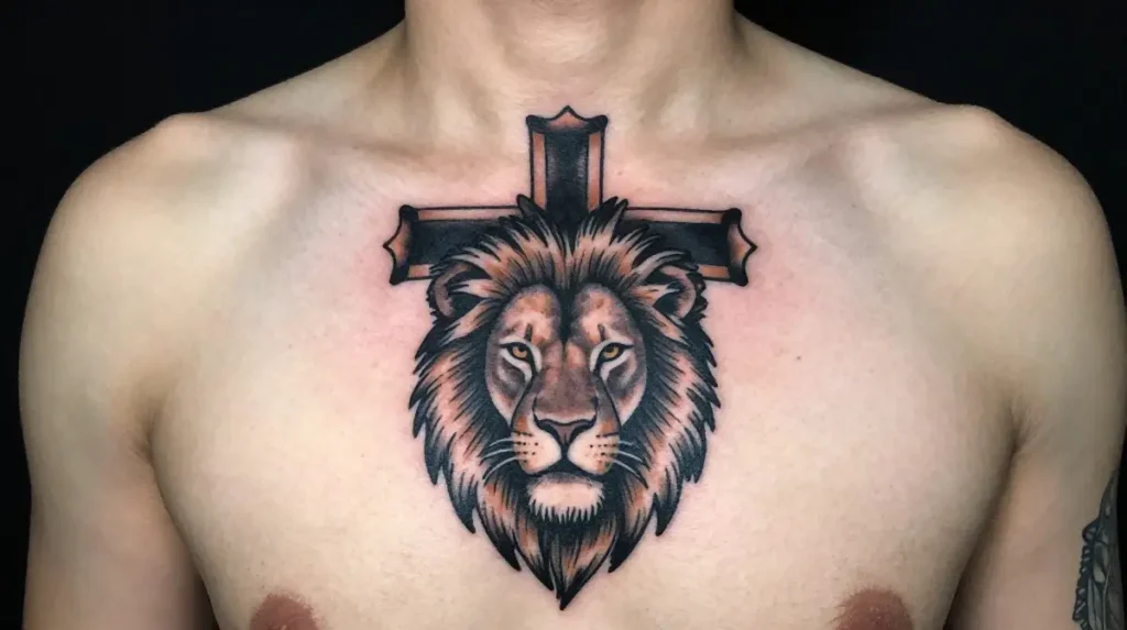 Cross Tattoo with Lion for Men
