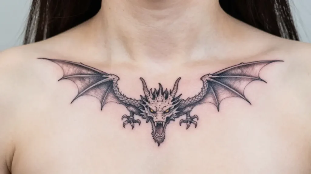 Dainty Dragon Tattoo on Collarbone