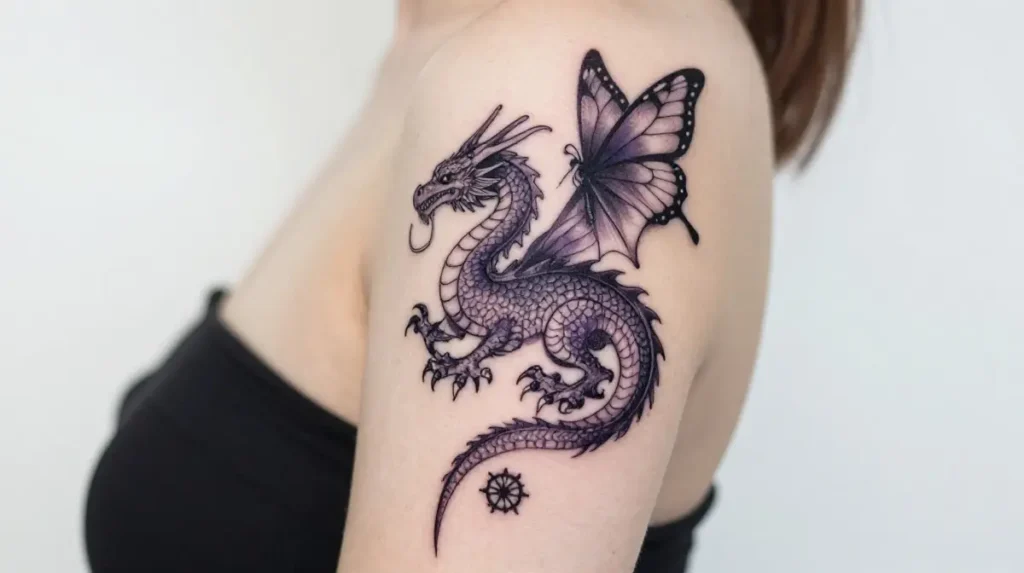 Dainty Dragon Tattoo with Butterfly