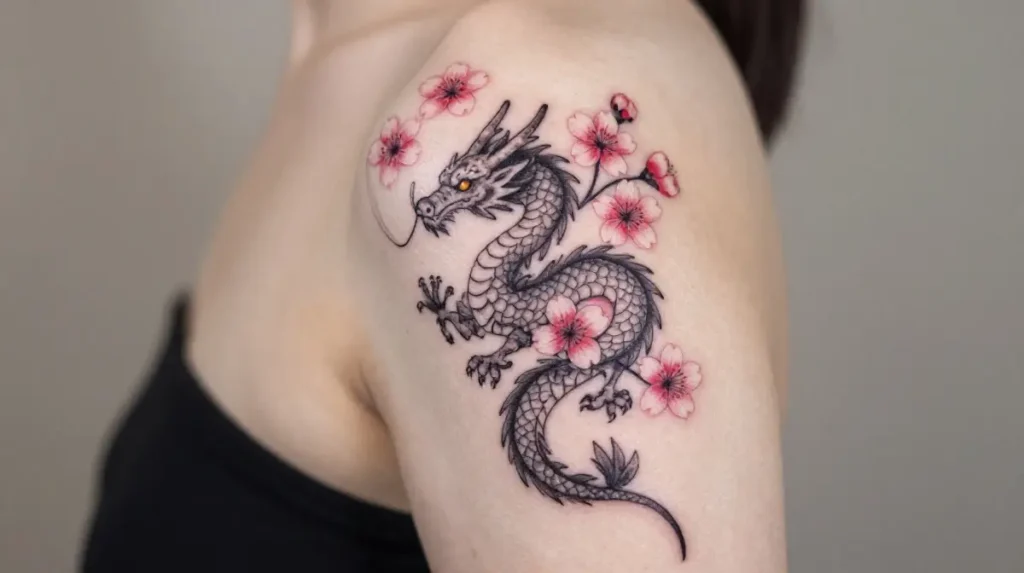 Dainty Dragon Tattoo with Cherry Blossom