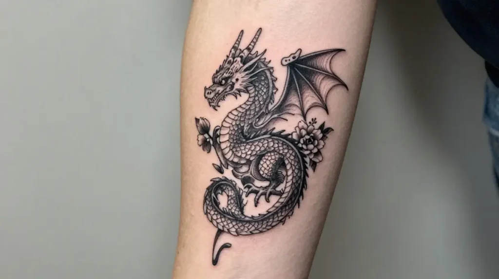 Dainty Dragon Tattoo with Flowers